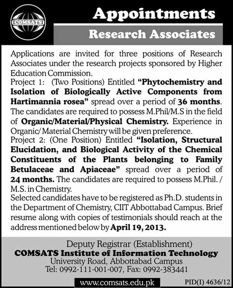 Research Associates Jobs at COMSATS Institute of Information Technology 2013