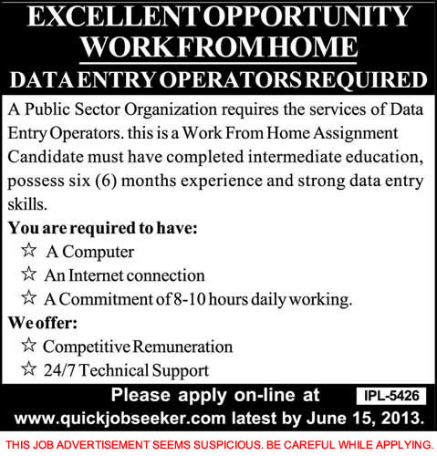 Online Data Entry Jobs in Pakistan 2013 June Work from Home for Data Entry Operators