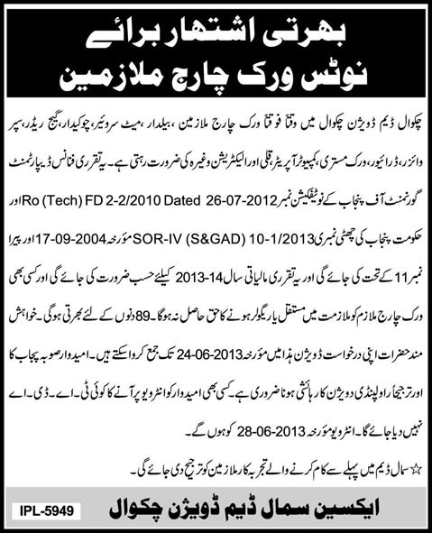 Small Dams Division Chakwal Jobs 2013 June for Work Charge Staff