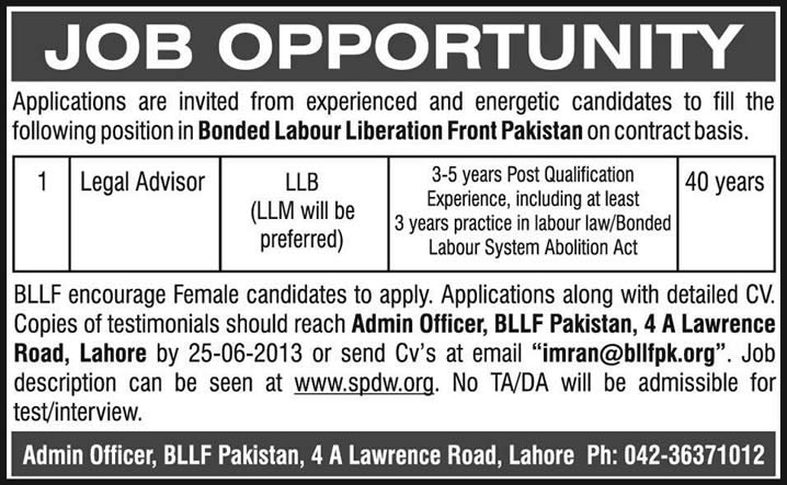 Legal Advisor Jobs in Lahore 2013 June at Bonded Labour Liberation Front (BLLF) Pakistan