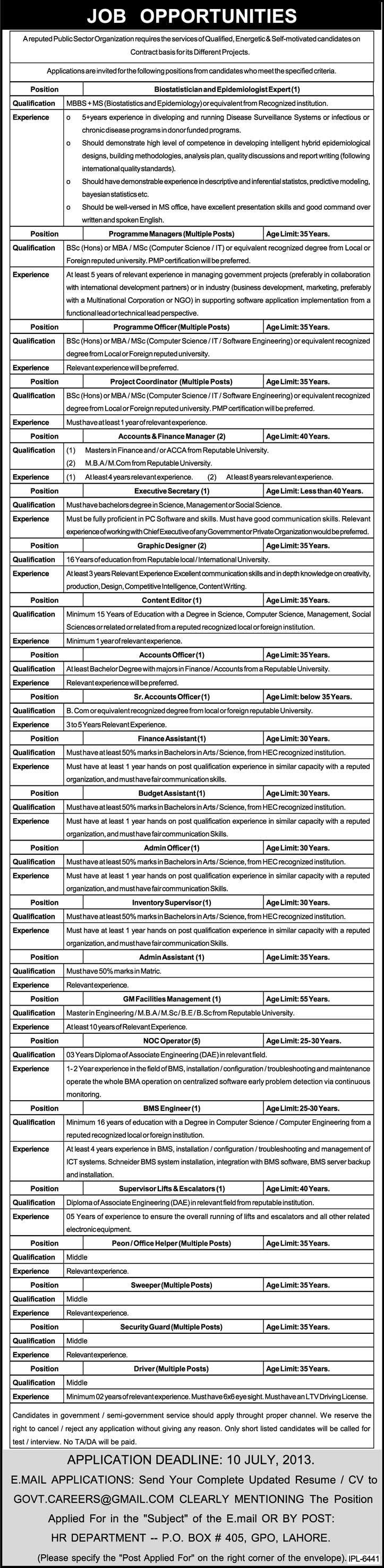 PO Box 405 GPO Lahore Jobs 2013-June-27 in a Public Sector Organization