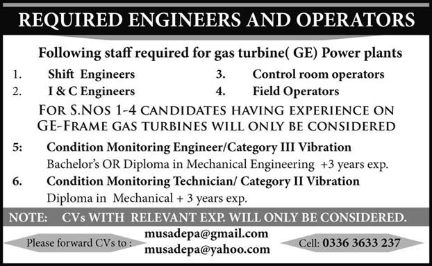 Power Plant Jobs in Pakistan 2013 July Gas Turbine (GE) Latest for Engineers & Operators