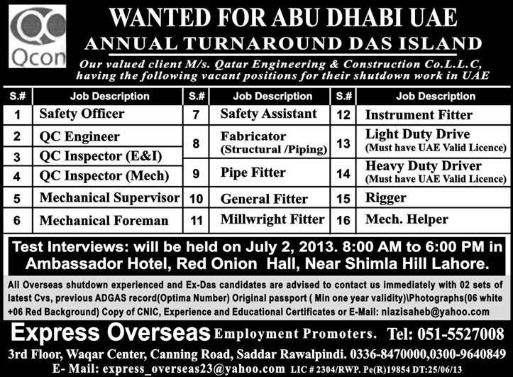 Shutdown Jobs in Abu Dhabi UAE 2013 July (Das Island) Latest through Express Overseas