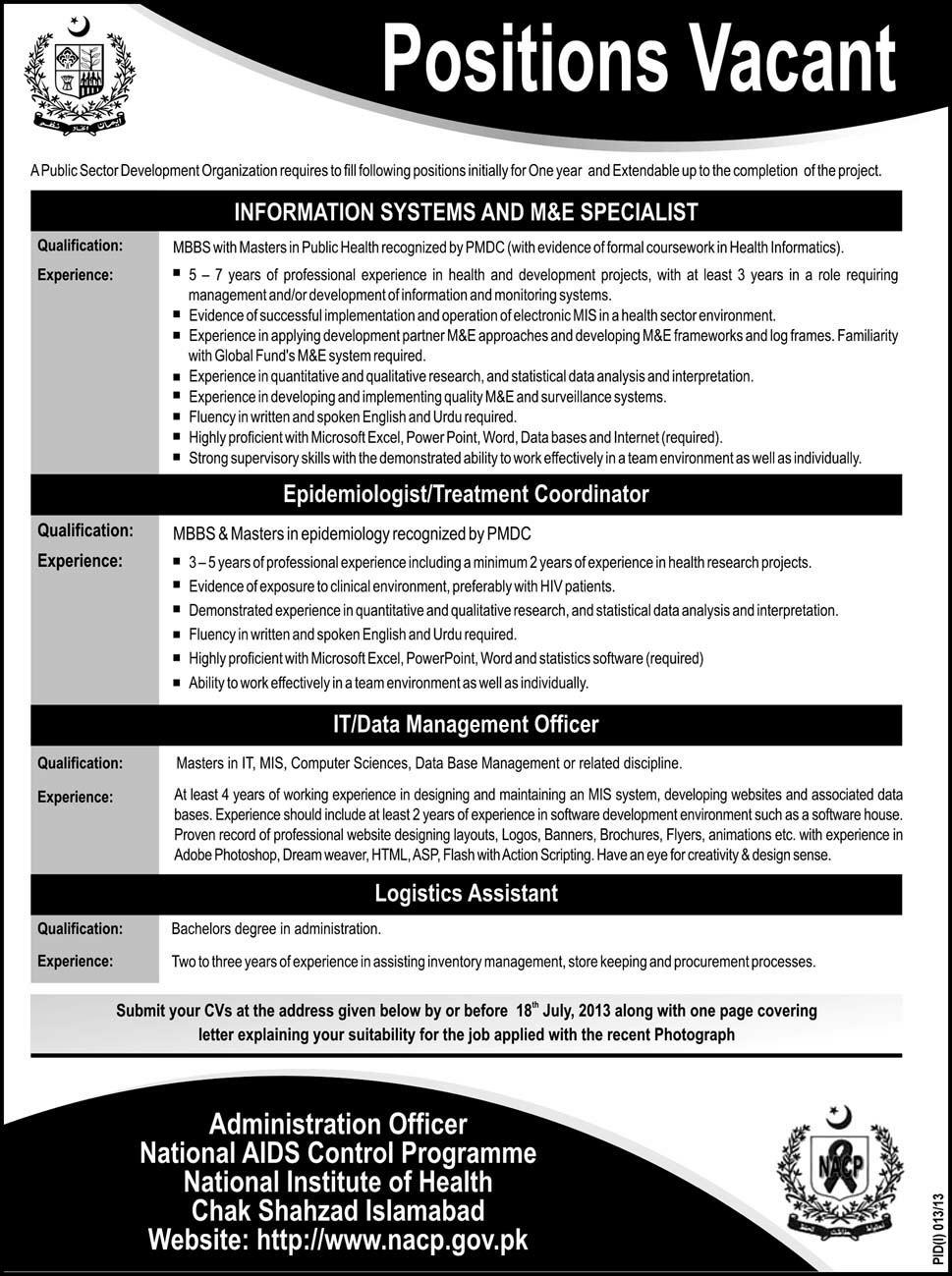 National AIDS Control Programme Pakistan Jobs 2013-July-02 NACP Latest Advertisement