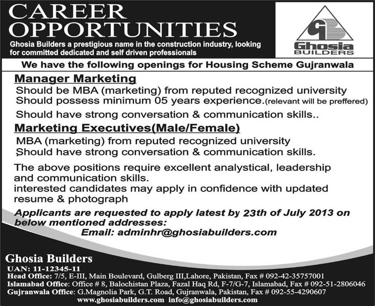 Marketing Jobs in Gujranwala 2013 July Latest Marketing Manager & Executives at Ghosia Builders