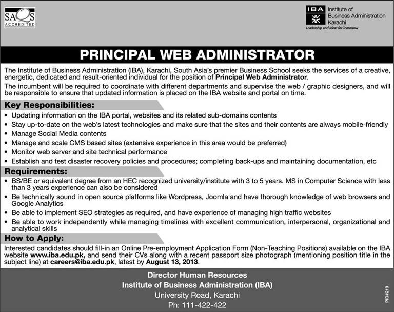 Principal Web Administrator Job at IBA Karachi 2013 July / August Latest Advertisement