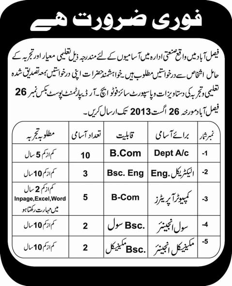 Electrical / Mechanical / Civil Engineers, Accountant & Computer Operator Jobs in Faisalabad 2013 August Latest