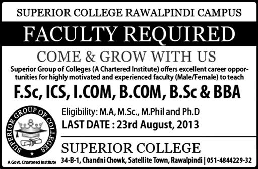 Superior College Rawalpindi Jobs 2013 August Latest for Teaching Faculty (Male/Female)