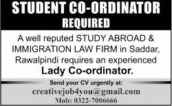 Student Coordinator Jobs in Rawalpindi 2013 September for Females at a Study Abroad Firm in Saddar
