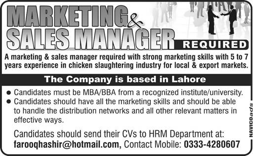 Marketing and Sales Manager Jobs in Lahore September 2013 Latest