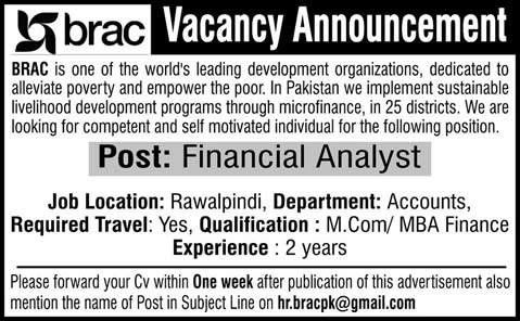 Financial Analyst Jobs in Islamabad / Rawalpindi 2013 October Latest at BRAC