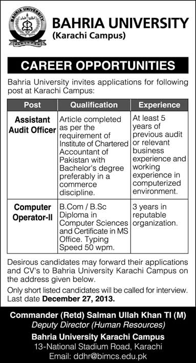 Bahria University Karachi Jobs 2013 December for Assistant Audit Officer & Computer Operator