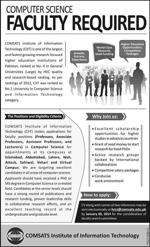 Computer Science Faculty Jobs at COMSATS 2013 December Latest
