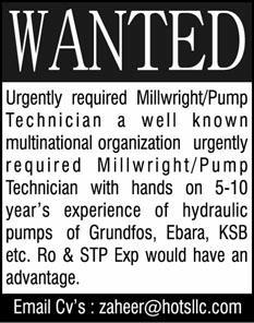 Millwright / Pump Technician Jobs in Pakistan 2014 2013 December at House of Trading & Services LLC