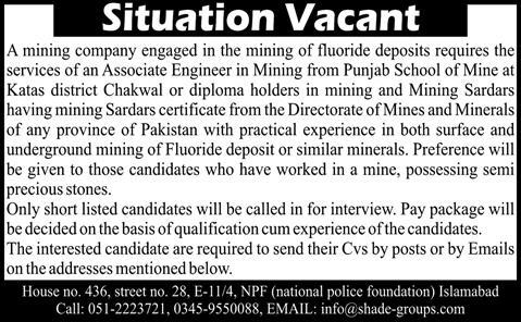 Mining Sardars / Associate Mining Engineer Jobs in Pakistan 2013 2014 January for a Mining Company