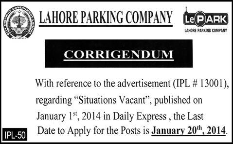 Corrigendum Lahore Parking Company Jobs 2014 Deadline / Last Date Extention