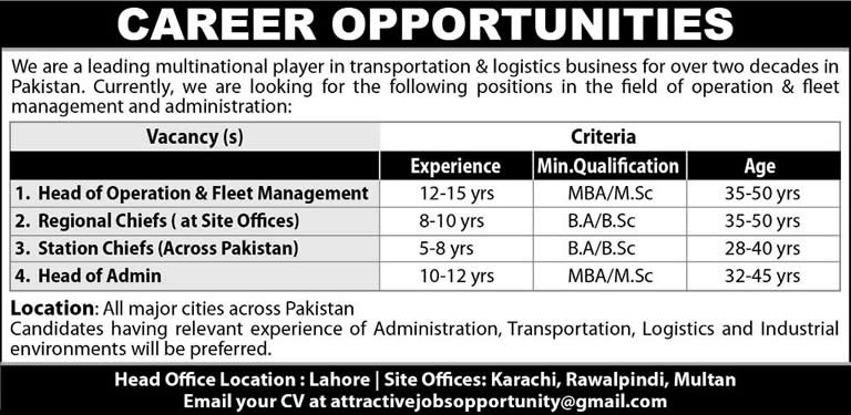 Logistics & Transportation Company Jobs in Pakistan 2014