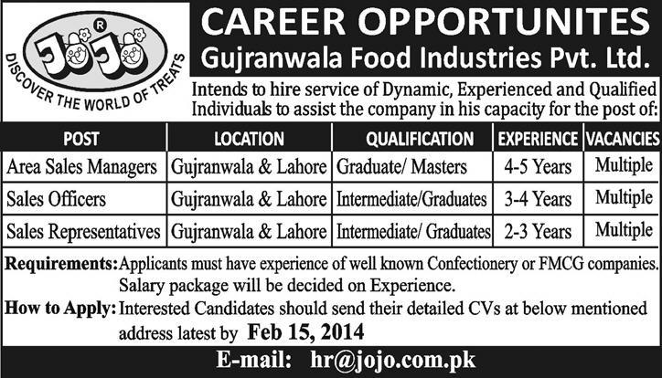 Sales & Marketing Jobs 2014 at Gujranwala Food Industries Pvt. Ltd