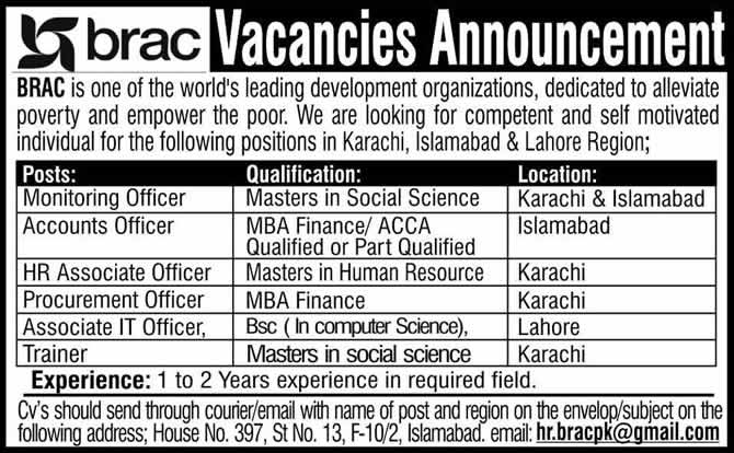 BRAC Pakistan Jobs 2014 March / April for Monitoring / Accounts / Procurement / IT Officers & Other Staff