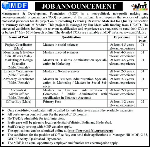 Management & Development Foundation (MDF) Jobs 2014 April in Hyderabad / Badin