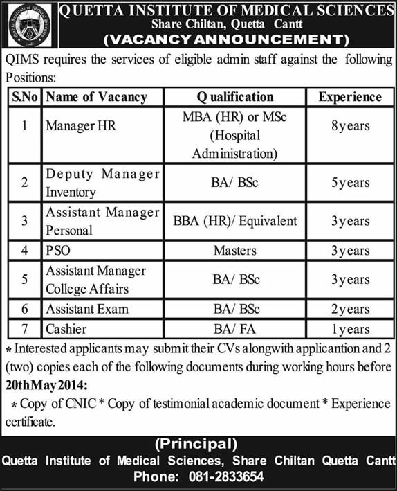 QIMS Quetta Jobs 2014 May for Administrative Staff