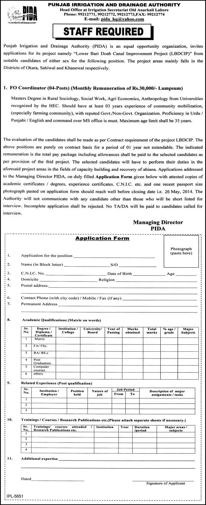 Punjab Irrigation and Drainage Authority Jobs 2014 Application Form