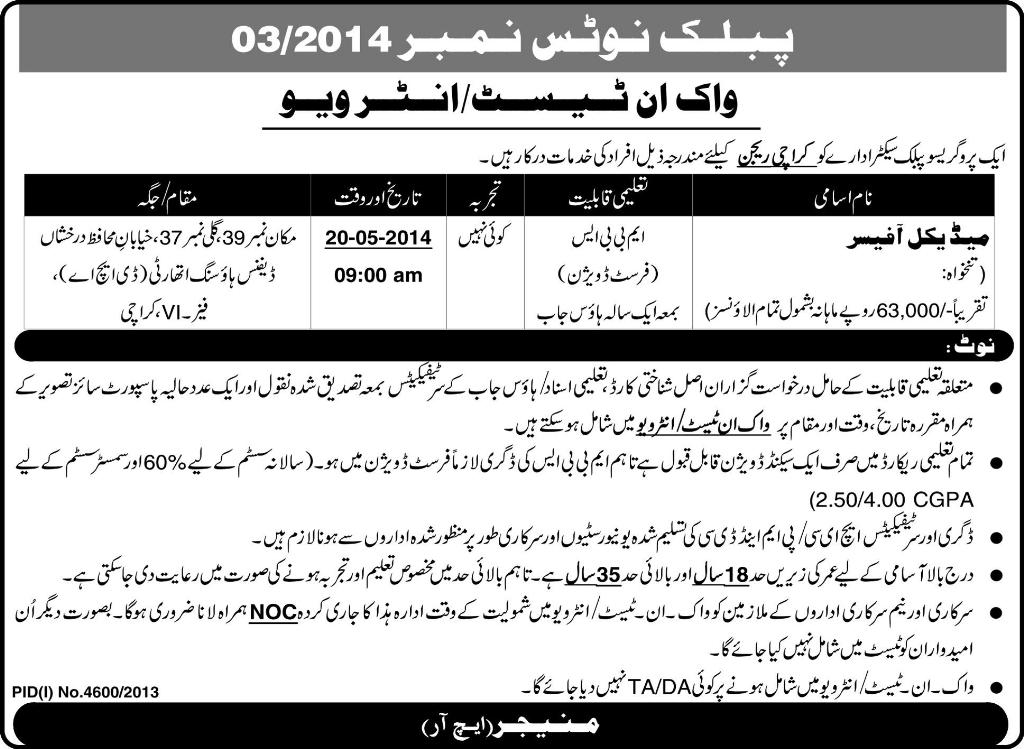 Medical Officer Jobs in Karachi 2014 May in Public Sector Organization