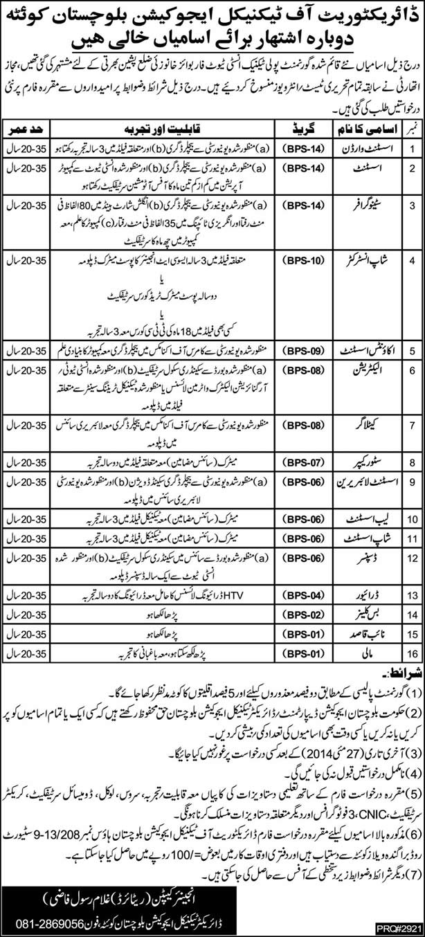 Directorate of Technical Education Balochistan Jobs 2014 May Latest