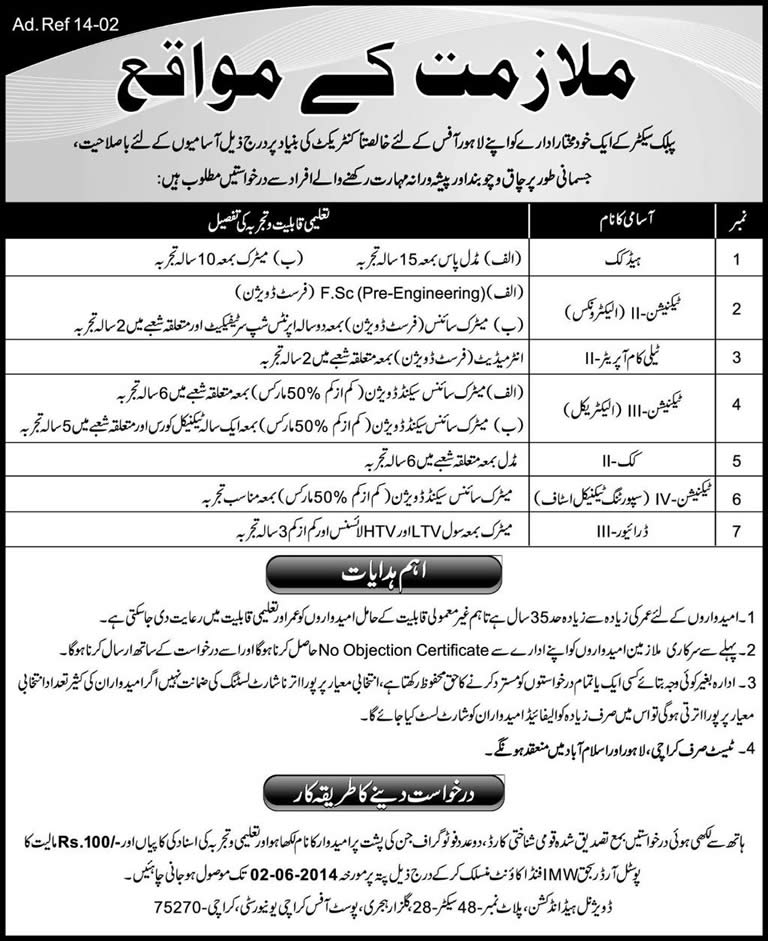 IST / SUPARCO Jobs in Lahore 2014 May for Technicians, Cooks, Telecom Operator & Driver