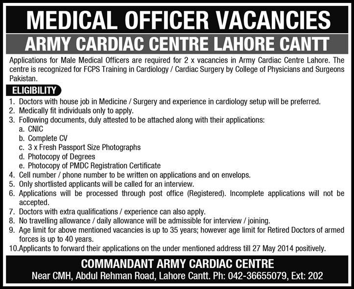 Army Cardiac Centre Lahore Jobs 2014 May for Medical Officers