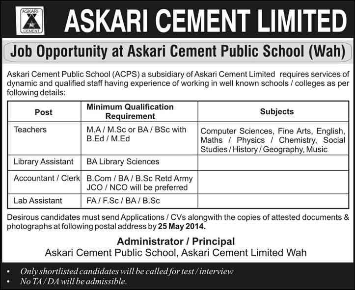 Askari Cement Public School Wah Jobs 2014 May for Teaching Faculty & Non-Teaching Staff