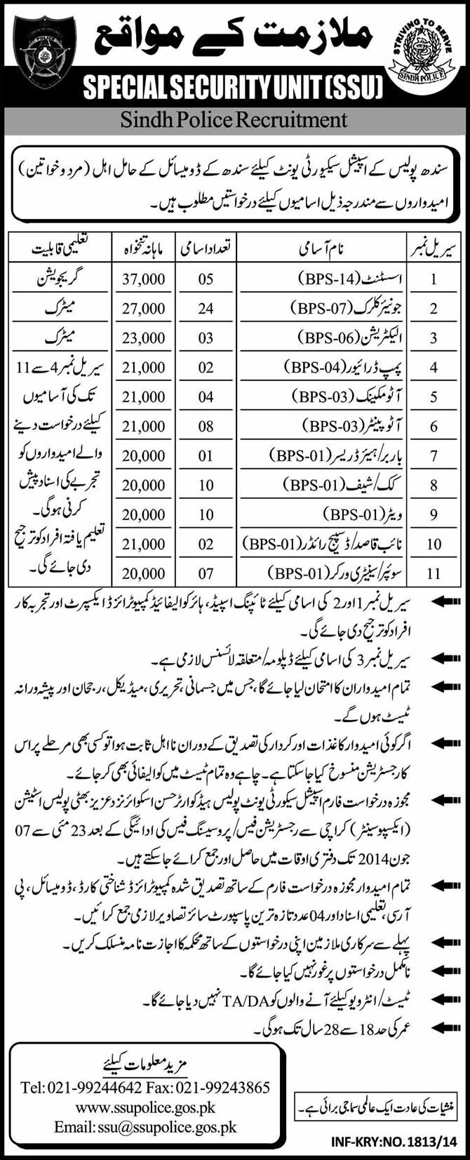 Sindh Police Jobs 2014 May Latest in Special Security Unit - SSU