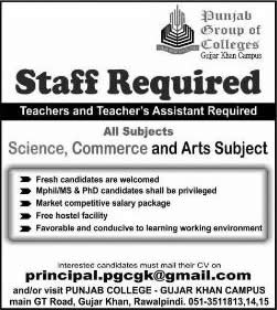 Punjab Group of Colleges Jobs May 2014 for Teachers & Teacher Assistants in Gujar Khan Campus