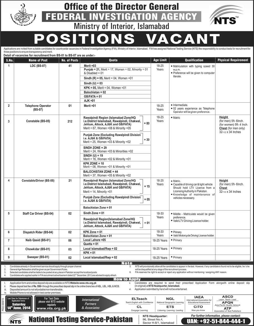 Federal Investigation Agency Jobs 2014 June Islamabad Pakistan NTS Application Form