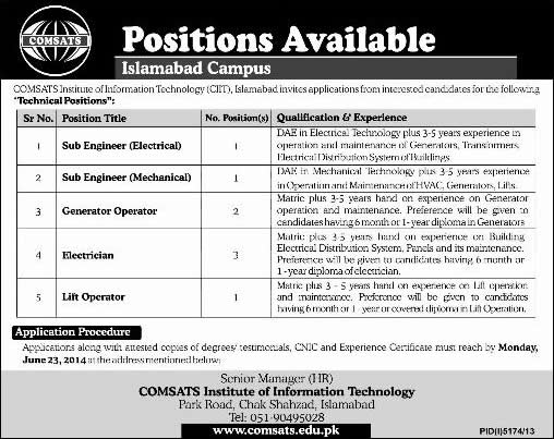 COMSATS Islamabad Jobs 2014 June for Electrical / Mechanical Engineers, Electrician & Staff