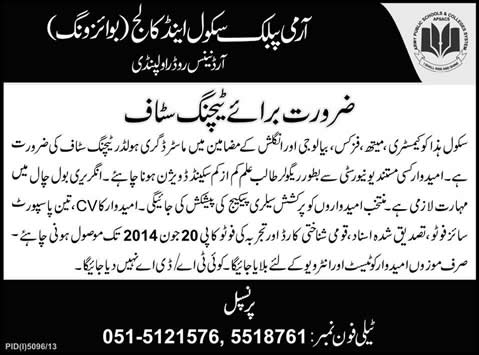 Army Public School and College Rawalpindi Jobs 2014 June Teaching Faculty in Boys Wing