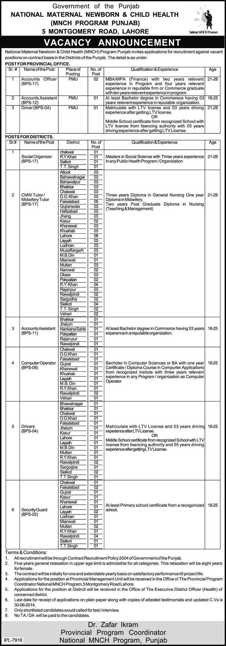 National MNCH Program Punjab Jobs 2014 June Latest Advertisement