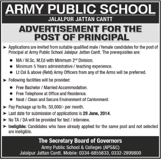 Principal Jobs at Army Public School & College Jalalpur Jattan Gujrat 2014 June