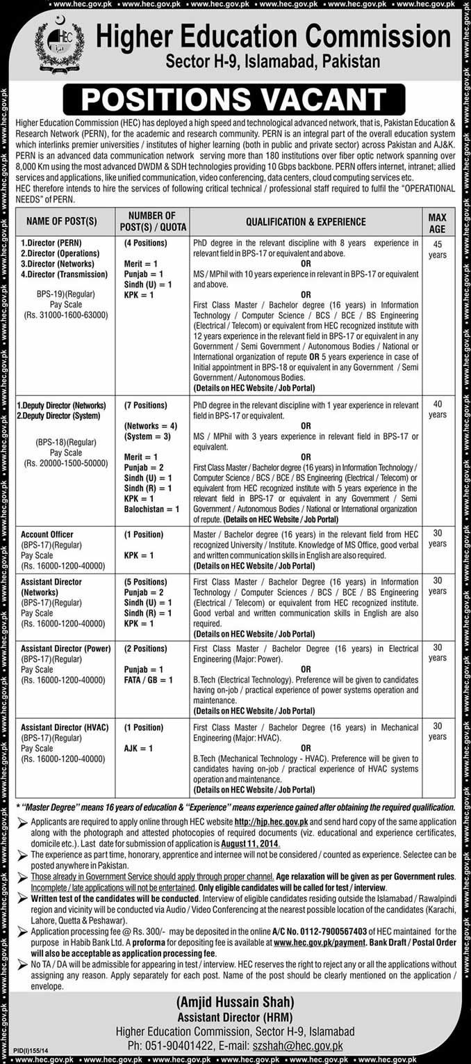 HEC Jobs July 2014 for PERN Latest Advertisement