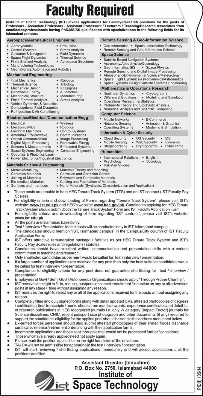 Institute of Space Technology Islamabad Jobs 2014 July for Teaching Faculty