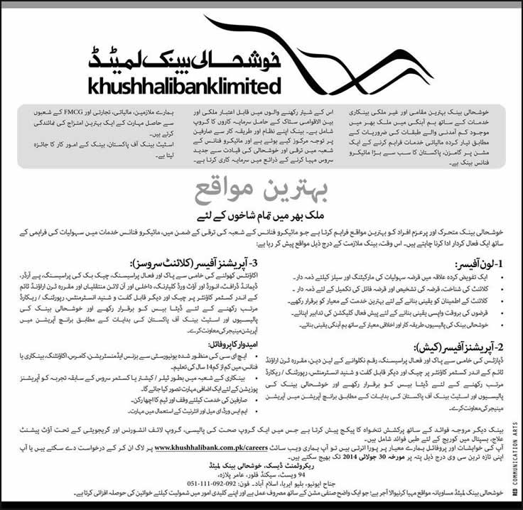 Khushhali Bank Jobs 2014 July Latest for Loan & Operations Officers