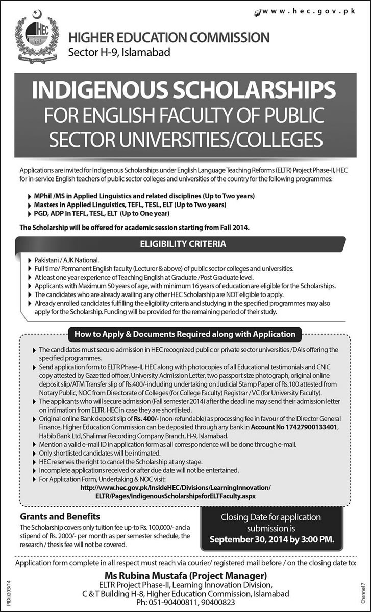 HEC Indigenous Scholarships 2014 for English Faculty of Public Sector Universities / Colleges