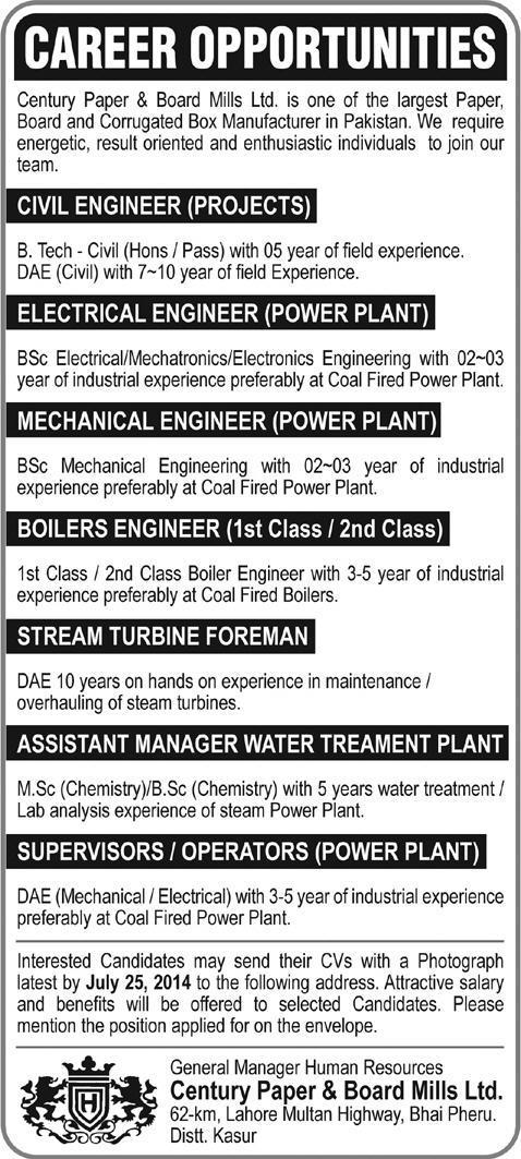 Century Paper & Board Mills Ltd Jobs 2014 July for Engineers & Chemist