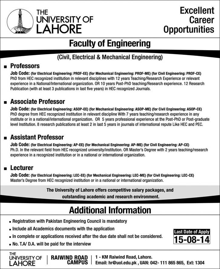 University of Lahore Jobs 2014 July for Engineering Teaching Faculty
