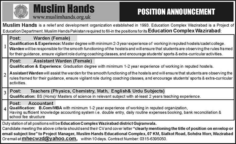 Muslim Hands Pakistan Jobs 2014 July for Teachers, Warden & Accountant