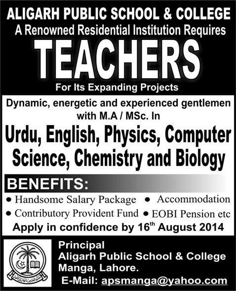 Aligarh Public School & College Lahore Jobs 2014 August for Teaching Faculty