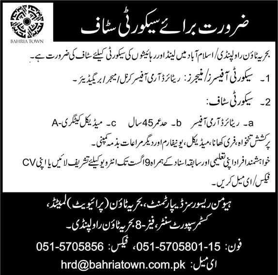 Bahria Town Rawalpindi Islamabad Jobs 2014 August for Security Staff