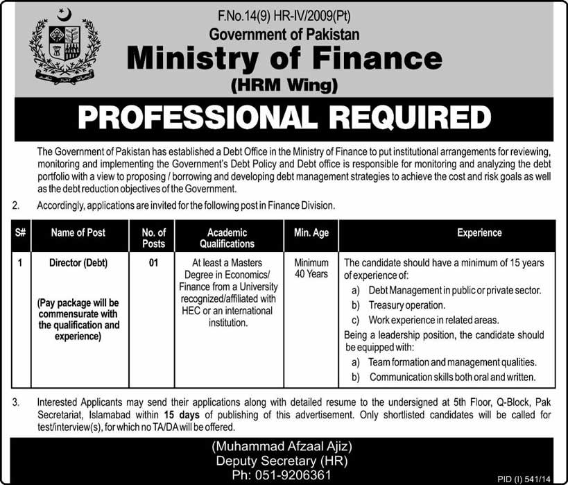 Director Debt Jobs in Ministry of Finance Pakistan 2014 August