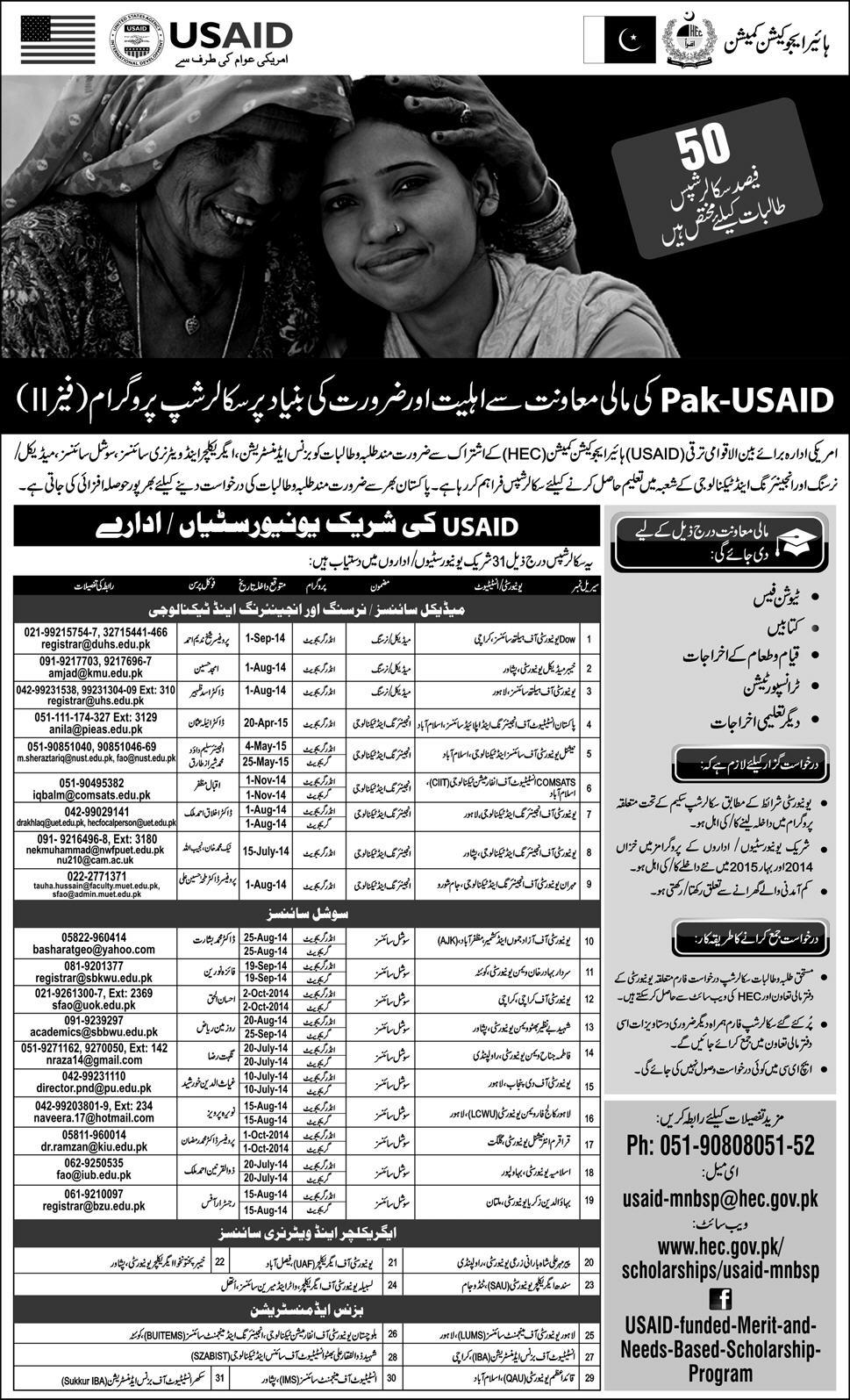Pak USAID Merit / Need Based Scholarships 2014 August Phase-II