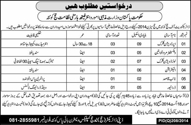 Directorate of Hajj Quetta Jobs 2014 August Ministry of Religious Affairs & Interfaith Harmony